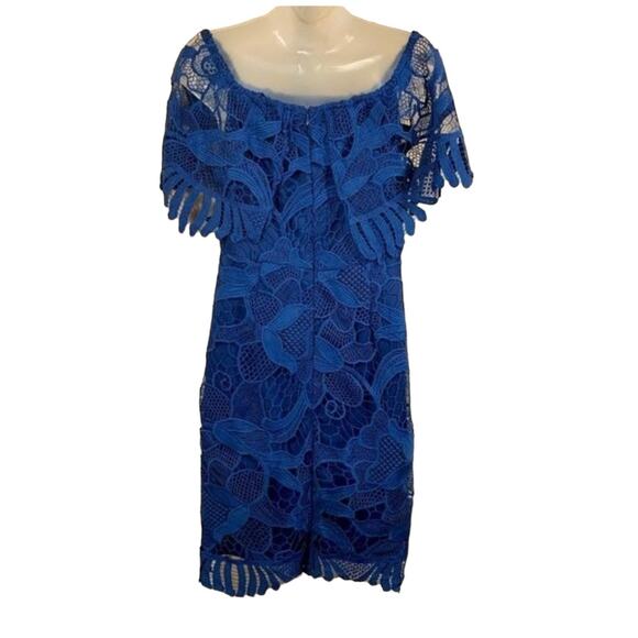 Celavie Special Occasion Lace Midi Dress SZ M Blue Crocheted Floral Boho Elegant - Picture 4 of 8